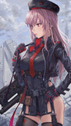Rule 34 | 1girl, absurdres, assault rifle, belt, belt pouch, beret, black belt, black gloves, black hat, black jacket, black leotard, black thighhighs, breasts, brown hair, closed mouth, cloud, cloudy sky, collared leotard, commentary request, cowboy shot, cropped jacket, day, enporion, gloves, goddess of victory: nikke, gun, h&amp;k hk416, hair between eyes, hand on own hip, hat, highres, jacket, large breasts, leotard, long hair, long sleeves, necktie, outdoors, pouch, rapi (nikke), red eyes, red gloves, red necktie, rifle, sidelocks, skindentation, sky, solo, standing, thighhighs, two-tone gloves, weapon, zipper, zipper pull tab