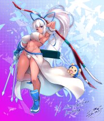 Rule 34 | 1girl, arm up, armpits, arrow (projectile), birthday, blue eyes, blue footwear, blunt bangs, blush, boots, bow, bow (weapon), bra, breasts, c.r., cameltoe, champuru, dark-skinned female, dark skin, dated, gloves, hair ribbon, hairband, holding, holding bow (weapon), holding weapon, large breasts, long hair, looking at viewer, majikina mina, navel, panties, parted lips, ponytail, quiver, ribbon, samurai spirits, sarong, side-tie skirt, sideboob, signature, single glove, solo, tabi, underboob, underwear, very long hair, weapon, white bra, white hair, white panties, white sarong