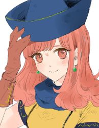 Rule 34 | 1girl, alena (dq4), bad id, bad pixiv id, blue hat, blush, closed mouth, commentary request, curly hair, dragon quest, dragon quest iv, earrings, gloves, hat, jewelry, long hair, red eyes, red hair, simple background, smile, solo, white background
