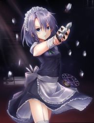 Rule 34 | 1girl, apron, arm behind back, between fingers, blue eyes, braid, breasts, contrapposto, garter straps, gradient background, hexagram, highres, holding, izayoi sakuya, knife, kuro (baseball0000), light rays, looking at viewer, magic circle, maid headdress, pocket watch, puffy short sleeves, puffy sleeves, ribbon, roman numeral, scowl, shadow, short hair, short sleeves, silver hair, skirt, skirt set, small breasts, solo, spotlight, stairs, standing, sunbeam, sunlight, thighhighs, touhou, twin braids, waist apron, watch, white thighhighs, wrist cuffs
