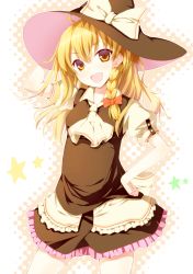 Rule 34 | 1girl, :d, ascot, blonde hair, bow, braid, brown eyes, dabadhi, dress, female focus, hand on headwear, hand on own hip, hat, hat bow, hat ribbon, highres, kirisame marisa, long hair, open mouth, ribbon, single braid, skirt, smile, solo, star (symbol), touhou, wild and horned hermit, witch, witch hat, yellow eyes