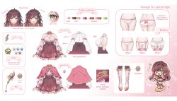 Rule 34 | 1girl, ass, bloomers, boots, breasts, brown hair, brown skirt, capelet, character sheet, chibi, chibi inset, cleavage, cleavage cutout, clothing cutout, commentary, english commentary, english text, high-waist skirt, highres, long hair, medium breasts, microphone, miori celesta, miori celesta (1st costume), multiple views, myholo tv, official art, ozzingo, panties, pink capelet, rimsuk, skirt, underwear, virtual youtuber, white bloomers, white footwear, white panties