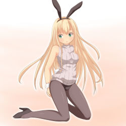 1girl a-ktoo black_pantyhose blonde_hair blush breasts female_focus green_eyes high_heels leotard long_hair original pantyhose playboy_bunny rabbit_tail ribbed_sweater sleeveless sleeveless_turtleneck solo sweater tail turtleneck wrist_cuffs