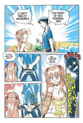 Rule 34 | 1boy, 1girl, brown hair, clothes pull, comic, earrings, english text, erection, hetero, hoop earrings, ikari shinji, jewelry, lowres, neon genesis evangelion, out of character, pants, penis, red hair, saliva, souryuu asuka langley, sweat, tekuho no habo, testicles, third-party source, twintails, uncensored