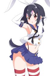 Rule 34 | 1girl, armpits, arms up, black hair, black panties, blue skirt, blush, brown eyes, chestnut mouth, commentary, cosplay, cowboy shot, elbow gloves, gloves, hair ribbon, hands in hair, highleg, highleg panties, humboldt penguin (kemono friends), ilyfon133, kantai collection, kemono friends, leaning forward, looking at viewer, microskirt, midriff, multicolored hair, navel, open mouth, panties, penguin tail, pink hair, pleated skirt, red thighhighs, ribbon, sailor collar, shimakaze (kancolle), shimakaze (kancolle) (cosplay), shirt, short hair, simple background, skindentation, skirt, sleeveless, sleeveless shirt, solo, standing, streaked hair, string panties, striped clothes, striped thighhighs, tail, thighhighs, underwear, white background, white gloves, white ribbon, white shirt