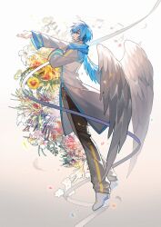 Rule 34 | 1boy, absurdres, belt, black belt, black headphones, black pants, blue eyes, blue hair, blue nails, blue scarf, bouquet, coat, commentary, english commentary, falling petals, feathered wings, feathers, floating, flower, from side, full body, gradient background, hand on own chest, happy, headphones, highres, kaito (vocaloid), kazenemuri, male focus, microphone, midriff peek, music, musical note, musical note background, open mouth, outstretched arm, outstretched hand, pants, petals, ribbon, scarf, shoes, short hair, singing, sleeve cuffs, smile, solo, sunflower, teeth, upper teeth only, vocaloid, white background, white coat, white feathers, white flower, white footwear, white ribbon, white wings, wings, yellow flower