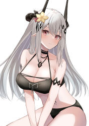 Rule 34 | 1girl, absurdres, arknights, armlet, bare shoulders, bikini, black bikini, blush, breasts, cleavage, closed mouth, eyebrows hidden by hair, female focus, flower, frown, hair flower, hair ornament, highres, horns, infection monitor (arknights), jewelry, kunizaki, large breasts, long hair, material growth, mudrock (arknights), mudrock (silent night) (arknights), necklace, official alternate costume, oripathy lesion (arknights), pointy ears, red eyes, silver hair, simple background, sitting, solo, swimsuit, white background, yellow flower