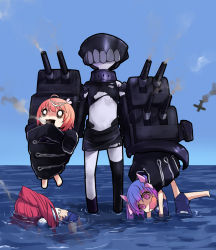 Rule 34 | 10s, 5girls, @ @, abyssal ship, ahoge, aircraft, airplane, black gloves, colored skin, defeat, drooling, gloves, helmet, i-168 (kancolle), i-19 (kancolle), i-58 (kancolle), i-8 (kancolle), jariinu (gomasionori), kantai collection, mask, multiple girls, o o, ocean, oversized limbs, ponytail, school swimsuit, smoke, swimsuit, torn clothes, tsu-class light cruiser, turret, twintails, wading, water, white skin