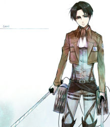 Rule 34 | 1boy, ascot, belt, black hair, blue eyes, boots, buttons, character name, cowboy shot, dual wielding, expressionless, head tilt, holding, holding sword, holding weapon, jacket, kenao, levi (shingeki no kyojin), long sleeves, looking at viewer, male focus, open clothes, open jacket, pants, shingeki no kyojin, shirt, short hair, simple background, solo, sword, thigh strap, three-dimensional maneuver gear, weapon, white background, white pants, white shirt, wire