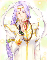 Rule 34 | 1boy, ace attorney, arm at side, ascot, bead necklace, beads, border, braid, closed mouth, earrings, facial mark, forehead jewel, forehead mark, gauntlets, gem, gesture request, green background, green eyes, green gemstone, hair intakes, hand up, highres, hiraishi wataru, jacket, jewelry, light purple hair, long hair, long sleeves, looking at viewer, magatama, male focus, nahyuta sahdmadhi, necklace, red ascot, sidelocks, single braid, single gauntlet, sleeve cuffs, sleeve garter, solo, thick eyebrows, upper body, very long hair, wavy hair, white jacket, yellow border