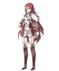 Rule 34 | 1girl, armor, belt, boots, breastplate, cordelia (fire emblem), dress, elbow gloves, female focus, fire emblem, fire emblem awakening, fire emblem heroes, full body, garter straps, gauntlets, gloves, hair ornament, hand on own hip, highres, long hair, matching hair/eyes, nintendo, official art, red eyes, red hair, short dress, skirt, solo, standing, thigh boots, thighhighs, thighs, transparent background, ueda yumehito, zettai ryouiki