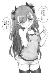 Rule 34 | 1girl, backpack, bag, black thighhighs, blunt bangs, blush, bow, collarbone, commentary request, covered navel, crime prevention buzzer, fang, fang out, greyscale, hair bow, hair ribbon, hands up, highres, instant loss, lips, long hair, looking at viewer, monochrome, original, parted lips, polka dot, randoseru, ribbon, short shorts, shorts, simple background, sleeveless, smile, solo, speech bubble, thighhighs, translated, tsurime, two side up, white background, yapo (croquis side)
