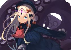 Rule 34 | 1girl, abigail williams (fate), black bow, black dress, black hat, blonde hair, blue eyes, bow, bug, butterfly, closed mouth, commentary request, dress, fate/grand order, fate (series), glowing, hair bow, hat, hugging object, insect, long hair, long sleeves, looking at viewer, orange bow, parted bangs, peroncho, polka dot, polka dot bow, simple background, sleeves past fingers, sleeves past wrists, solo, stuffed animal, stuffed toy, suction cups, teddy bear, tentacles, very long hair, white background