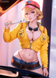 Rule 34 | 1girl, artist name, baseball cap, belt, belt buckle, blonde hair, blue shorts, breasts, buckle, cidney aurum, cleavage, collarbone, commentary, commentary typo, cowboy shot, cropped jacket, final fantasy, final fantasy xv, fingernails, flowerxl, goggles, goggles around neck, hair between eyes, hair up, hat, holding, holding wrench, jacket, large breasts, light smile, looking at viewer, midriff, navel, paid reward available, panties, parted lips, red hat, red panties, revealing clothes, short shorts, shorts, solo, standing, stomach, underwear, watermark, web address, wrench, yellow jacket