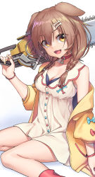 Rule 34 | 1girl, :d, absurdres, animal ears, blue bow, bone hair ornament, bow, braid, breasts, brown hair, buttons, chainsaw, choker, collarbone, commentary, dog ears, dress, english commentary, eyes visible through hair, fang, hair ornament, hairclip, highres, hololive, inugami korone, inugami korone (1st costume), jacket, long hair, looking at viewer, low twin braids, medium breasts, neko7, off-shoulder jacket, off shoulder, open mouth, over shoulder, red bow, red choker, short dress, simple background, sitting, sleeveless, sleeveless dress, smile, solo, twin braids, virtual youtuber, wariza, weapon, weapon over shoulder, white background, white dress, yellow eyes, yellow jacket