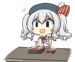 Rule 34 | 1girl, absurdres, blush stickers, chibi, chopsticks, commentary request, drooling, epaulettes, food, goma (gomasamune), hat, hat ribbon, heart, highres, kantai collection, kashima (kancolle), military, military uniform, open mouth, own hands together, ribbon, rice, silver hair, sitting, smile, solo, soup, steam, stream, table, twintails, twitter username, uniform, upper body, white background