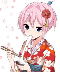Rule 34 | 1girl, alternate costume, blue eyes, blush, bowl, chopsticks, commentary request, eating, floral background, floral print, flower, hair flower, hair intakes, hair ornament, hair stick, hands up, hikobae, holding, holding bowl, holding chopsticks, japanese clothes, kantai collection, kimono, long sleeves, pink hair, red flower, sash, shiranui (kancolle), short ponytail, solo, tassel, upper body
