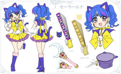 Rule 34 | 1girl, :d, animal ears, artist name, bell, bishoujo senshi sailor moon, blue bow, blue footwear, blue hair, blue sailor collar, boots, bow, cat ears, cat tail, character name, character sheet, choker, earrings, hand fan, full body, grey eyes, hand net, harisen, jewelry, jingle bell, knee boots, layered skirt, looking at viewer, luna (sailor moon), luna (sailor moon) (human), magical girl, moon stick, multicolored hair, multiple persona, multiple views, open mouth, personification, pretty guardian sailor moon, purple hair, sailor collar, sailor luna, shirataki kaiseki, short hair, short twintails, skirt, smile, standing, standing on one leg, tail, twintails, wand, white background, yellow choker, yellow skirt