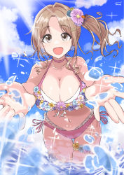 Rule 34 | 1girl, :d, artist request, bare shoulders, bikini, blue sky, breasts, brown eyes, brown hair, cleavage, cloud, commentary request, day, flower, hair flower, hair ornament, halterneck, highres, ichikawa hinana, idolmaster, idolmaster shiny colors, large breasts, long hair, looking at viewer, navel, open mouth, outdoors, pink bikini, side-tie bikini bottom, side ponytail, sky, smile, solo, splashing, string bikini, swimsuit, wading, water