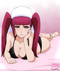 1girl, absurdres, arm support, artist name, artist request, ass, bare legs, bare shoulders, barefoot, bed, black panties, bleach, blush, bra, breasts, cleavage, dokugamine riruka, hat, highres, large breasts, long hair, looking at viewer, lying, on bed, on stomach, panties, parted lips, pink hair, red eyes, seductive smile, shiny, shiny hair, shiny skin, side-tie panties, simple background, smile, soles, solo, thong, toes, tsundere, twintails, underwear, upper body