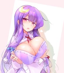 Rule 34 | 1girl, blue bow, blunt bangs, bow, bowtie, breasts, cleavage, crescent, crescent hair ornament, dress, fumitsuki (minaduki 6), hair bow, hair ornament, highres, huge breasts, long hair, long sleeves, neck ribbon, patchouli knowledge, purple dress, purple eyes, purple hair, red bow, red bowtie, red ribbon, ribbon, solo, striped clothes, striped dress, touhou, vertical-striped clothes, vertical-striped dress, very long hair, wide sleeves