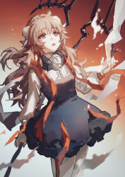 Rule 34 | 1girl, absurdres, ahoge, animal ears, arknights, black dress, brown eyes, brown hair, cowboy shot, dress, eyjafjalla (arknights), gradient background, hand up, highres, holding, holding staff, horns, long hair, long sleeves, mask, mask around neck, open mouth, orange background, orange ribbon, ribbon, sansenokumo, sheep ears, sheep girl, sheep horns, simple background, solo, staff, thighhighs, weapon behind back, white background, white ribbon, white sleeves, white thighhighs