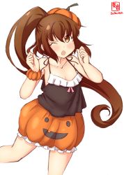 Rule 34 | 1girl, artist logo, black camisole, brown eyes, brown hair, camisole, chestnut mouth, collarbone, commentary request, cosplay, cowboy shot, dated, fumizuki (kancolle), highres, jack-o&#039;-lantern, kanon (kurogane knights), kantai collection, libeccio (kancolle) (cosplay), libeccio (kancolle), long hair, looking at viewer, one eye closed, orange headwear, ponytail, pumpkin skirt, simple background, solo, white background