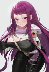 Rule 34 | 1girl, absurdres, alternate costume, black gloves, black pants, breasts, cleavage, commentary, commission, cosplay, fire emblem, fire emblem engage, gloves, grey background, highres, ivy (fire emblem), large breasts, leggings, long hair, nintendo, pants, purple eyes, purple hair, reginn (fire emblem), reginn (fire emblem) (cosplay), simple background, solo, teasing, very long hair, ziz (pandora707)