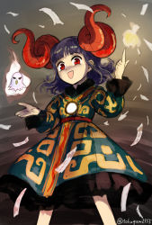 Rule 34 | 1girl, blue hair, commentary request, dress, eagle spirit (touhou), fire, horns, houzuki (hotondo), index finger raised, jewelry, medium hair, open mouth, original, patterned clothing, pendant, red eyes, red horns, sheep horns, smile, solo, touhou, toutetsu yuuma