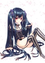 Rule 34 | 1girl, arikawa satoru, black hair, bow, commentary request, flower knight girl, hair bow, highres, long hair, looking at viewer, no pants, no shoes, purple bow, red eyes, simple background, solo, striped clothes, striped thighhighs, thighhighs, torikabuto (flower knight girl), twintails, vertical-striped clothes, vertical-striped thighhighs, white background