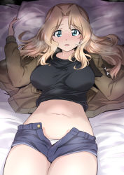 Rule 34 | 1girl, bed sheet, black shirt, blonde hair, blue eyes, blush, bomber jacket, breasts, breath, buttons, clothes lift, denim, denim shorts, girls und panzer, highres, jacket, kay (girls und panzer), large breasts, long hair, long sleeves, looking at viewer, lying, midriff, nakahira guy, navel, on back, on bed, open clothes, open fly, open mouth, open shorts, panties, parted bangs, pillow, saunders military uniform, shirt, shirt lift, short shorts, shorts, solo, sweat, sweatdrop, unbuttoned, underwear, white panties