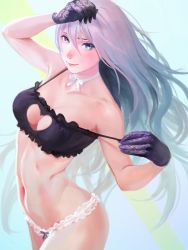 Rule 34 | 1girl, arm up, black bra, black gloves, blue eyes, bra, breasts, choker, cleavage, cleavage cutout, closed mouth, clothing cutout, contrapposto, cowboy shot, female focus, gloves, heart cutout, highres, lace, lace gloves, light purple hair, lingerie, lips, long hair, looking at viewer, medium breasts, nababa, navel, off shoulder, original, panties, ribbon choker, smile, solo, standing, strap slip, underwear, underwear only, white panties