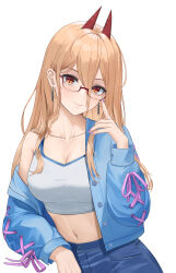 Rule 34 | 1girl, absurdres, adjusting eyewear, blonde hair, blue jacket, breasts, buttons, chainsaw man, cherng, cleavage, closed mouth, collarbone, crop top, cross-shaped pupils, demon horns, earrings, glasses, hair behind ear, hair between eyes, highres, horns, index finger raised, jacket, jewelry, large breasts, leaning to the side, light blush, long bangs, long hair, long sleeves, looking at viewer, midriff, nail polish, navel, off shoulder, open clothes, open jacket, orange eyes, power (chainsaw man), purple nails, red-framed eyewear, red horns, semi-rimless eyewear, sidelocks, simple background, single bare shoulder, smile, solo, stomach, symbol-shaped pupils, tank top, white background, white tank top