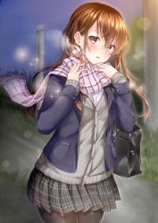 Rule 34 | 1girl, bag, blazer, blue jacket, blush, brown hair, brown pantyhose, cardigan, commentary request, dress shirt, fringe trim, grey cardigan, grey skirt, hair between eyes, head tilt, highres, jacket, long hair, long sleeves, looking at viewer, mashiro aa, night, night sky, open clothes, open jacket, original, outdoors, pantyhose, parted lips, pink scarf, plaid, plaid scarf, plaid skirt, pleated skirt, power lines, red eyes, road, scarf, school bag, shirt, skirt, sky, sleeves past wrists, solo, standing, utility pole, very long hair, white shirt