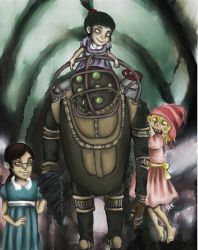 Rule 34 | 1boy, 3girls, agnes (despicable me), big daddy (bioshock), bioshock (series), despicable me, diving suit, drill hand, edith (despicable me), empty eyes, gru (despicable me), little sister (bioshock), margo (despicable me), multiple girls