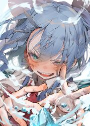 Rule 34 | 1girl, absurdres, blue bow, blue eyes, blue hair, blush, bow, cirno, commentary request, fingernails, hair between eyes, hair bow, highres, ice, looking at viewer, one eye closed, open mouth, short hair, short sleeves, simple background, smile, solo, teeth, touhou, tsune (tune), upper body, white background