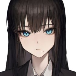 Rule 34 | 1girl, absurdres, black hair, black jacket, blue eyes, closed mouth, collared shirt, expressionless, eyelashes, hair between eyes, highres, jacket, long hair, looking at viewer, mole, mole under eye, mole under mouth, multiple moles, original, portrait, shirt, sidelocks, solo, upper body, white background, white shirt, yoon cook
