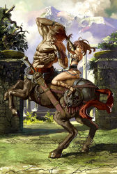 Rule 34 | 1boy, 1girl, bracelet, brown hair, centaur, faux traditional media, grabbing another&#039;s hair, itou satoshi, jewelry, long hair, looking at viewer, midriff, monster boy, mountain, muscular, open mouth, original, outdoors, riding, sandals, scenery, sheath, sheathed, size difference, speed painting, sword, taur, topless male, weapon, wristband