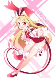 Rule 34 | 1girl, :d, akira irodori, blonde hair, blush, bow, character name, disgaea, flonne, flonne (fallen angel), full body, hair bow, high heels, highres, leotard, long hair, looking at viewer, open mouth, outstretched hand, pointy ears, red bow, red eyes, red footwear, red leotard, ribbon, shiny skin, shoes, smile, solo, standing, standing on one leg, tail, tail bow, tail ornament, thighlet, white ribbon