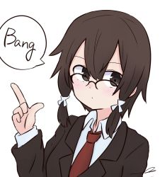 Rule 34 | 1girl, asada shino, black-framed eyewear, black jacket, blush, brown eyes, brown hair, closed mouth, collared shirt, commentary request, english text, finger gun, glasses, hair between eyes, hair ribbon, hand up, jacket, kujou karasuma, long sleeves, looking at viewer, low twintails, necktie, over-rim eyewear, red necktie, ribbon, semi-rimless eyewear, shirt, signature, simple background, solo, speech bubble, sword art online, twintails, upper body, white background, white ribbon, white shirt