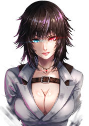 Rule 34 | 1girl, absurdres, belt buckle, black hair, blue eyes, breasts, buckle, capcom, cleavage, closed mouth, collarbone, devil may cry, devil may cry (series), devil may cry 4, glowing, glowing eyes, heterochromia, highres, lady (devil may cry), large breasts, looking at viewer, medium hair, pink lips, re (re 09), red eyes, scar, scar on face, scar on nose, simple background, solo, upper body, white background