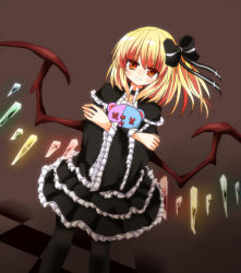 Rule 34 | 1girl, alternate costume, black dress, black pantyhose, blonde hair, bow, brown eyes, capelet, hugging doll, dress, flandre scarlet, frilled dress, frills, gothic lolita, hair bow, lolita fashion, long sleeves, looking at viewer, misoshiru (meridianchild312), hugging object, pantyhose, side ponytail, solo, stuffed animal, stuffed toy, teddy bear, tile floor, tiles, touhou, wide sleeves, wings