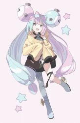 Rule 34 | 1girl, :d, bare shoulders, blue hair, blush, bow-shaped hair, collarbone, commentary request, creatures (company), full body, game freak, grey footwear, grey pantyhose, grey shirt, highres, iono (pokemon), jacket, long hair, long sleeves, looking at viewer, multicolored hair, nintendo, open mouth, pantyhose, pink background, pink eyes, pink hair, pokemon, pokemon sv, sharp teeth, shirt, shoes, simple background, single leg pantyhose, sleeveless, sleeveless shirt, sleeves past fingers, sleeves past wrists, smile, solo, standing, standing on one leg, star (symbol), tantan men (dragon), teeth, two-tone hair, v-shaped eyebrows, very long hair, yellow jacket