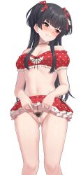 Rule 34 | 1girl, bare shoulders, bikini, black hair, blush, bow, breasts, brown eyes, clenched teeth, cowboy shot, crotchless, female pubic hair, frilled bikini, frills, gluteal fold, hair ornament, helloet11, highres, idolmaster, idolmaster shiny colors, long hair, looking to the side, mayuzumi fuyuko, medium breasts, navel, partially visible vulva, pearl thong, pubic hair, pussy, red bikini, revealing clothes, simple background, solo, standing, stomach, sweat, swimsuit, teeth, two side up, white background