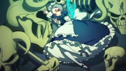 Rule 34 | 1girl, apron, artist request, bloody marie (skullgirls), dress, fire, frilled apron, frilled dress, frills, full body, hair ornament, half-closed eyes, highres, looking at viewer, lying, maid headdress, mary janes, official art, on side, open mouth, pantyhose, red eyes, ribs, shoes, skeleton, skull, skull hair ornament, skullgirls, solo, twintails