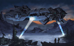 Rule 34 | 2others, absurdres, building, cloud, cloudy sky, commentary, eve online, flying, full body, glowing, gun, highres, holding, holding gun, holding weapon, landscape, light rays, machinery, multiple others, original, outdoors, peteashford, scenery, science fiction, sky, spacecraft, standing, vehicle focus, weapon