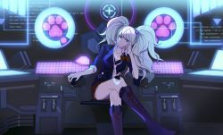 Rule 34 | 1girl, arm rest, bad id, bad twitter id, bear hair ornament, black footwear, blue eyes, boots, bow, breasts, chair, cleavage, collarbone, cross-laced footwear, crossed legs, danganronpa: trigger happy havoc, danganronpa (series), desk, enoshima junko, frown, hair ornament, highres, knee boots, lace-up boots, large breasts, long hair, looking at viewer, miniskirt, monitor, nail polish, necktie, paw print, red bow, red nails, red skirt, sitting, skirt, solo, twintails, vo1ez
