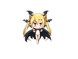 Rule 34 | 1girl, bat (animal), bat wings, black cloak, blush, bmp-to-png conversion, chibi, cloak, closed mouth, crossed ankles, frown, full body, game cg, hair between eyes, hands up, head wings, holding cloak, jingai modoki, long hair, looking at viewer, mon-musu quest!, navel, nearly naked cloak, non-web source, panties, red eyes, simple background, slit pupils, solo, standing, tearing up, tears, transparent background, twintails, underwear, vampire, vanilla (mon-musu quest!), very long hair, wavy mouth, white panties, wings