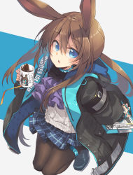 Rule 34 | 1girl, :o, amiya (arknights), animal ears, arknights, black jacket, blue eyes, blue skirt, brown hair, coffee, coffee cup, cup, disposable cup, hair between eyes, highres, holding, holding cup, jacket, long hair, long sleeves, looking at viewer, miniskirt, open clothes, open jacket, pantyhose, plaid, plaid skirt, rabbit ears, satou kibi, shoes, skirt, solo