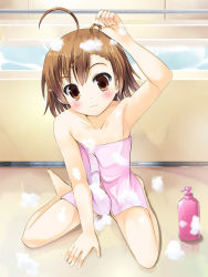 Rule 34 | 1girl, :3, adjusting hair, ahoge, arm support, arm up, armpits, bare shoulders, barefoot, bathing, bathroom, bathtub, blush, bottle, brown eyes, brown hair, flat chest, foam, full body, happy, indoors, last order (toaru majutsu no index), leaning forward, light smile, looking at viewer, multicolored eyes, naked towel, odayan, on floor, orange eyes, reflection, short hair, sitting, smile, soap, soap bubbles, solo, source request, spread legs, toaru majutsu no index, towel, wariza, water